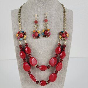Red Beaded Necklace And Earrings Set Gold -Tone Chunky Colorful  19.5 Inch